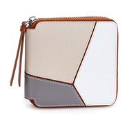 Karoukee Women's Small Wallet with Geometric Color-Block Design, Genuine Leather Zip Around Purse, RFID Blocking Credit Card Holder with 4 Card Slots & Coin Pocket - Brown/Apricot/White
