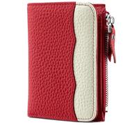 Karoukee Women's Two-Tone Pocket Wallet - RFID Blocking Mini Coin Purse, Genuine Pebbled Leather Card Holder with 5 Card Slots | Zipper Pocket | ID Window - Red & Cream