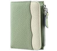 Karoukee Women's Two-Tone Pocket Wallet - RFID Blocking Mini Coin Purse, Genuine Pebbled Leather Card Holder with 5 Card Slots | Zipper Pocket | ID Window - Green & Cream