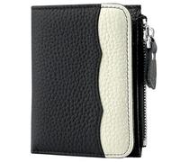 Karoukee Women's Two-Tone Pocket Wallet - RFID Blocking Mini Coin Purse, Genuine Pebbled Leather Card Holder with 5 Card Slots | Zipper Pocket | ID Window - Black & Cream
