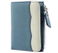 Karoukee Women's Two-Tone Pocket Wallet - RFID Blocking Mini Coin Purse, Genuine Pebbled Leather Card Holder with 5 Card Slots | Zipper Pocket | ID Window - Blue & Cream