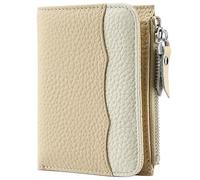 Karoukee Women's Two-Tone Pocket Wallet - RFID Blocking Mini Coin Purse, Genuine Pebbled Leather Card Holder with 5 Card Slots | Zipper Pocket | ID Window - Beige & Cream