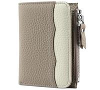 Karoukee Women's Two-Tone Pocket Wallet - RFID Blocking Mini Coin Purse, Genuine Pebbled Leather Card Holder with 5 Card Slots | Zipper Pocket | ID Window - Gray & Cream