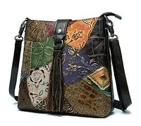 Karoukee Women's Vintage Patchwork Shoulder Bag, Retro Flower Embossed Leather Crossbody Bag Purse, Casual Medium Handbag for Lady