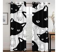 KARPIX Curtains Opaque Cat Window Curtain Anime Black Cat Curtains Black White Printed Curtain for Children's Room, 2 Panels (6.150 x 166 cm (2 x 75 x 166 cm))