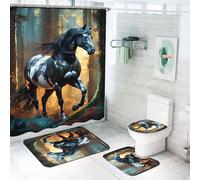 KARPIX Horse Shower Curtain Galloping Horses, Waterproof Shower Curtain 4-Piece Set with Doormat, Bath Mat, Toilet Mat, 12 Hooks (10.180 x 180 cm)