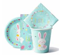 Karrma Ltd Happy Easter Tableware Set 25 Pieces - Easter Bunny Paper Plates, Cups, Napkins & Table Cover - Spring Easter Party Decorations for Home & Gatherings