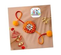 Karrmas Bhaiya Bhabhi Rakhi Combo Set of 2 - Handmade Kundan and Pom Pom Rakhis with Fridge Magnet and Greeting Card for Rakshabandhan