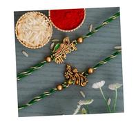 Karrmas Green & Golden Set of 2 Shri Krishna and Radha Krishna Flute Designer Rakhis with Roli Chawal Pack
