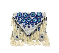 Karrmas White & Blue Banjara Boho Clutch - Handmade Ethnic Designer Bag for Women & Girls | Traditional Embroidered Purse - Unique Fashion Accessory for Bohemian Style Enthusiasts