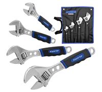 KARRYTON Adjustable Wrench Set (6" 8" 10" 12"), 3-in-1 Spanner Wrench w/Box End/Hex Function, Scales Metric and SAE, Drop Forged CR-V Steel, Chrome Plated, Ergonomic Soft Grip, Hanging/Rolling Bag