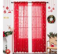 Karseteli Christmas Sheer Curtains for Living Room, Luxury Snowflake Gold Foil Print Sheer Curtains, Rod Pocket Window Drapes Decorations for Bedroom and Home Decor, 2 Panels Red 42W x 84L