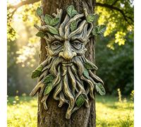 KARSTSYLVA Tree Face Garden Decoration, Outdoor Green Man Sculpture, Resin Tree Art with Leaves, Forest Spirit Wall Hanging