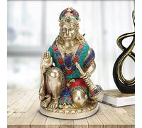 Kartique Brass Hanuman Ji Murti in Blessing Posture with Gada Sitting Multicolor Gemstone Handwork Statue | Idol Home Office Decor Height 9''