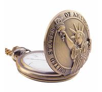 Kartique Full Hunter Pocket Watch Statue of Liberty Embossed Chain, Roman Number Dial Watch with Wooden Box