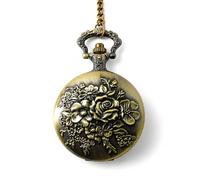 Kartique Pocket Watch with Flower Embossing on Cover Comes in Wooden Box, Brown, strap, Brown, strap