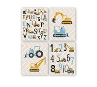 KARTME Set of 4 Children's Room Baby Room Pictures Decorative Boy Poster Children Cars Excavator Vehicles Fire Brigade Baby Wall Picture Set Children's Pictures Baby Pictures Without Frame