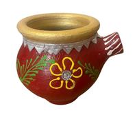 Karva Clay Pot Handmade Painted Floral Design Traditional Earthen Vessel for Karva Chauth Puja Prayer Temple Worship Fasting Rituals & Festive Ceremonies