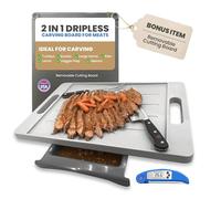 Karving King Deluxe Dripless Cutting Board 3 in 1 System Non-Slip Feet & Spikes Hold Food in Place while Carving Juice Groove Fills Drip Drawer for Gray & Digital Meat Thermometer - Grey, KK4MT