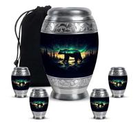 KARYLIZ Aurora Borealis Bear Urns for Human Ashes, Combo of 5 with 10 Inch Outdoor Funeral Ash Holder for Adult Men, 3 Inch Green Northern Lights Mini Keepsake Urns for Adult Male, Memorial Burial Set