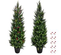 KARYLLYD 4FT/120CM Topiary Trees Set of 2, Artificial Trees Outdoors - Topiary Cedar Tree Indoor, Christmas Tree Front Porch Decor for Home Front Door with DIY Berry Decor, Faux Pine Shrubs Plants
