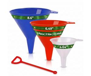 KarZone Funnel - 3 Pack of Round Kitchen Funnels for Filling Bottles, Jars & Containers - Automotive Oil Funnel for Gas, Lubricants and Fluids, Blue/Red/White