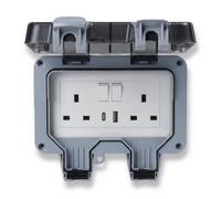 KasaBona Outdoor Weatherproof Switched 1 Gang Socket - IP66 Waterproof 13A 250V Power Outlet with USB-A & USB-C Fast Charging, Heavy Duty ABS Wall Socket for Garden & Workshop Use (2 Gang Socket)