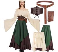 kasahara 5 Pieces Medieval Clothing Women's Set, Retro Off Shoulder Blouse Dress Renaissance Costume Victorian Clothing Maxi Dressm with Corset, Belt Bag, Belt, Carnival Fancy Dress Costume (Green, S)