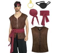 kasahara 5pcs Pirate Costume Men Set Medieval Retro Vest Clothing Renaissance Costume Set Pirate Headscarf Belt Eye Patch Viking Costume Carnival Costume (Wine Red, L)