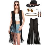 kasahara 7 Pieces Hippie Costume Women's Set Cowgirl Costume Hippie Tassel Vest 70s Outfit Cowboy Hat Halloween Theme Party Carnival Fancy Dress Costumes (Black, L)