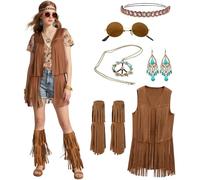 kasahara 70s Fancy Dress Women, Hippie Costume Outfit (Brown, L)