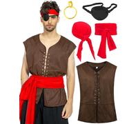kasahara Pirate Costume Men's Set Medieval Retro Vest Clothing Renaissance Costume Set Pirate Headscarf Belt Eye Patch Viking Costume Carnival Fancy Dress Costume (Red, 2XL)