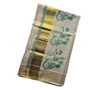 Kasavu Saree with Kadhakali Green Print, White Cotton Handloom, Onam Kasavu Saree