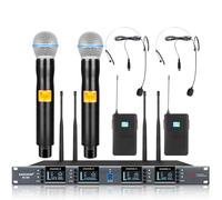 Kaschun Wireless Microphone System 4 Channel with 4x100 UHF Adjustable Frequency, UHF Metal Cordless Handheld Headset Lavalier Lapel Mics, Bring Auto Scan Feature for Church, Karaoke, Singing