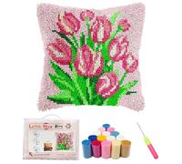 Kaseremy Latch Hook Cushion Kits for Adults Beginners Flowers, DIY Pre-Printed Latch Hook Craft Kits for Throw Pillow Cover Sofa Cushion Cover (Pink Tulip)