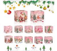 KASESSS 12 Pcs Christmas Party Gift Boxes, Folding Christmas Eve Box, Christmas Sweet Gift Box, Pink Gift Boxes, Santa Claus Snowman Xmas Mini Gift Bags, Small Gift Boxes for Cupcake Sweet Cookie