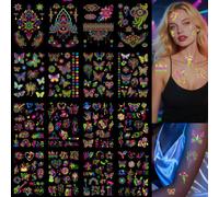 KASESSS 16 Sheets Uv Glow In The Dark Tattoos, Neon Fluorescence Temporary Tattoos Music Note Guitar Butterfly Mandala Fake Tattoo for Adults Body Face Stickers Festival Rave Party Concert Club Beach