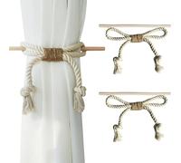 KASESSS 2 Pack Curtain Tie Backs, Natural Cotton Tie Backs for Curtains, Boho Rustic Style Curtain Holdbacks, Hand-Woven Curtains Tiebacks with Wood Club for Home Office Hotel Decoration, Beige