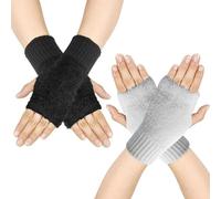 KASESSS 2 Pairs Fingerless Gloves, Winter Gloves, Thermal Gloves Womens, Cashmere Black Fingerless Gloves, Thickened Arm Warmers, Fingerless Gloves for Women for Working Typing, One Size Fits All