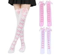 KASESSS 2 Pairs Thigh High Socks, Knee High Socks for Women, Thigh Highs Stretchy, Girls Knee High Socks with Bows, Long Socks Women, Over the Knee Socks for School, Sports and Casual Wear(White,Pink)