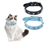 KASESSS 2 Pcs Sparkly Star Pink Rhinestone Cat Collars, Pu Leather Cat Collar Adjustable 20-28cm Neck Circumference, Pet Collar with Metal Buckle Cool Collars for Cats and Small Dogs Black Blue