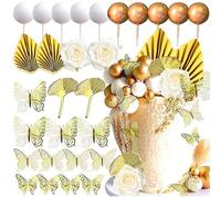 KASESSS 28 PCS Gold Cake Decorations, Artificial Flower Butterfly Gold Ball Cake Topper, Birthday Cupcake Toppers, Boho Flower cake Decorations Set for Wedding Birthday Baby Shower Party