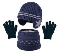 KASESSS 3 Pcs Boys Winter Hat Scarf Gloves Set, 3-in-1 Motif Étoilé Knitted Hat With Warm Ear Covers, Fleece Lining Elastic Neck Warmer for Kids Girls Boys Age 3-7 Gifts Cold Weather, Bleu Marine
