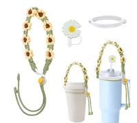 KASESSS 3 Pcs Compatible Stanley Cup Accessories, Water Bottle Handle Strap, Silicone Safety Ring, Daisy Straw Cover, Crochet Flower Cup Strap for Stanleys, Easy Carrying, Suitable for Most Kettles