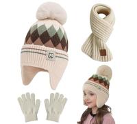 KASESSS 3 Pcs Girls Winter Hat Scarf Gloves Set, 3 in 1 Bobble Beanie Hat, Winter Gloves, Neck Warmer Gaiter, Fleece Lined Ear Warmth for School Travel Days Out for Girls Boys Age 4-10 Gifts, Beige