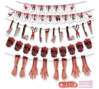 KASESSS 4Pack Happy Halloween Banner, Halloween Decorations Banner Scary, Halloween Party Decorations Bloody, Halloween Bunting Decoration Blood Knife Red Skull, Halloween Banner Outdoor Indoor
