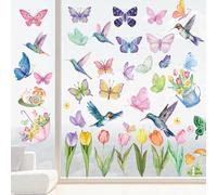 KASESSS 8 Sheets Spring Window Stickers, Floral Butterfly Hummingbird Window Clings, Colorful Garden Glass Door Stickers PVC Static Window Decals for Glass for Kitchen Bathroom Kids Room Living Room