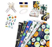 KASESSS Birthday Boy Wrapping Paper Set, 6 Sheets Kids Wrapping Paper Outer Space Dinosaur Train 70×50cm with Ribbons, Bows and Stickers, Boys Gift Wrap for Birthday Present Party Decoration Diy