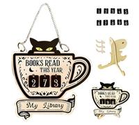 KASESSS Books Read This Year Counter, Black Cat Teacup Bookshelf Decor, Book Tracker for Reading Progress, Exquisite Wooden Book Counter with Flip Numbers for Books Lovers, Readers, Writers, Libraries