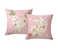 KASESSS Bunny Floral Cushion Covers Set of 2, 45x45cm Easter Spring Decorative Pillows Throw Covers, Pink Cushion Cover Rabbit Carrot Flower Bunny Gifts Home Decor for Sofa Bed Couch Garden 18x18 In